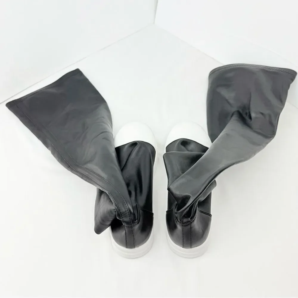 Kluolandi Black Faux Leather White Shoe Over the Knee Pull On Sneaker Boots